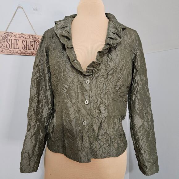 Chico's Olive Green Jacket Crinkle Textured Womens Medium Ruffled Career Mature - Picture 3 of 13